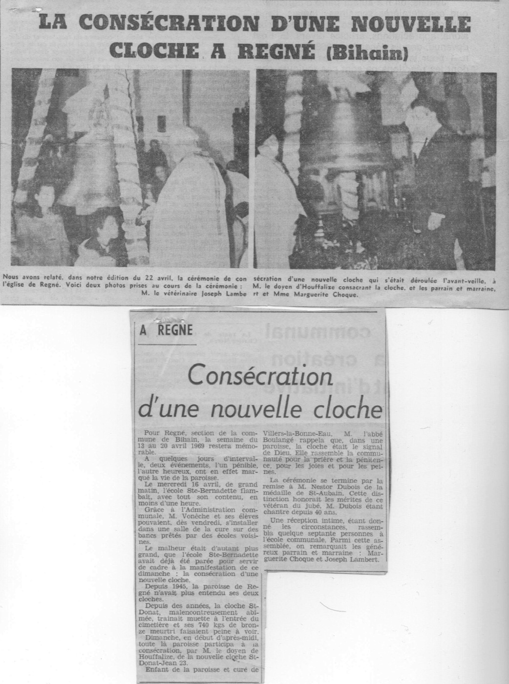 Inauguration de la nouvelle cloche de l'église de Regné, 1969