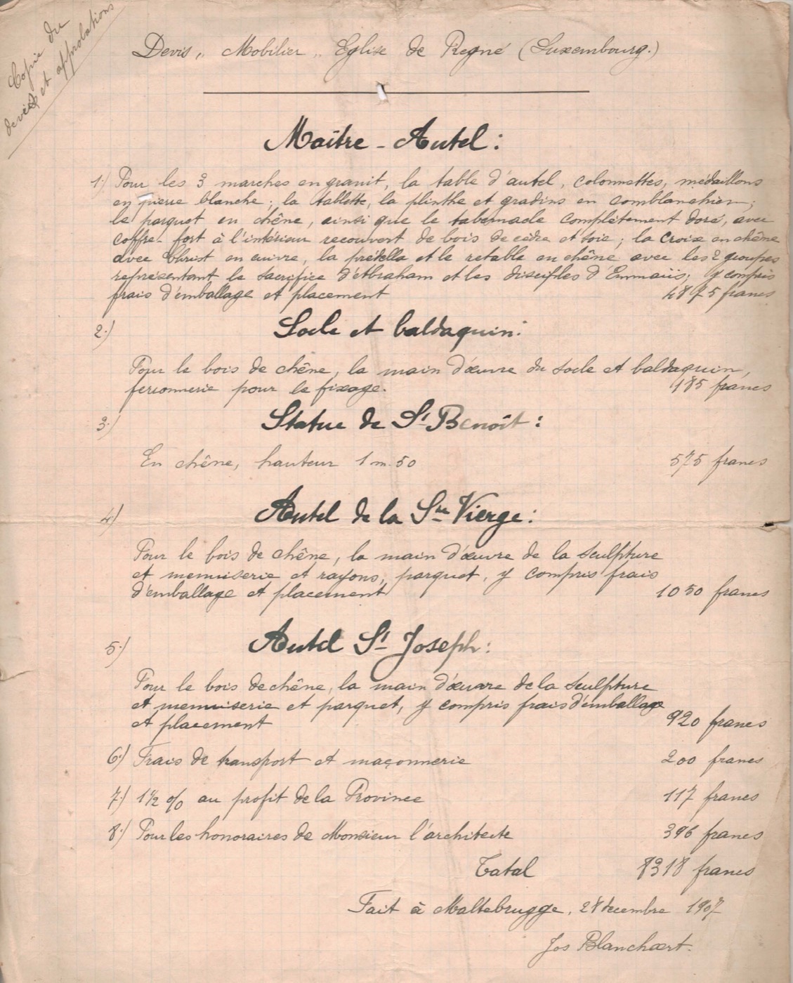 Devis du maître-autel de l'église de Regné, 1907