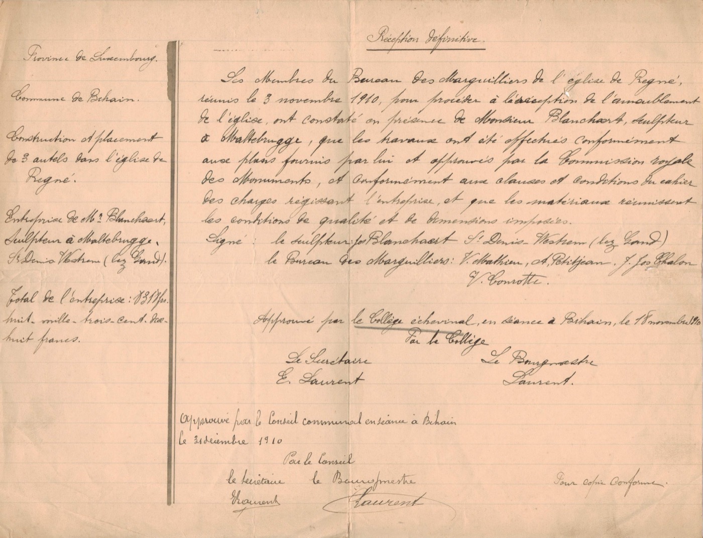 Réception du maître-autel de l'église de Regné, 1910